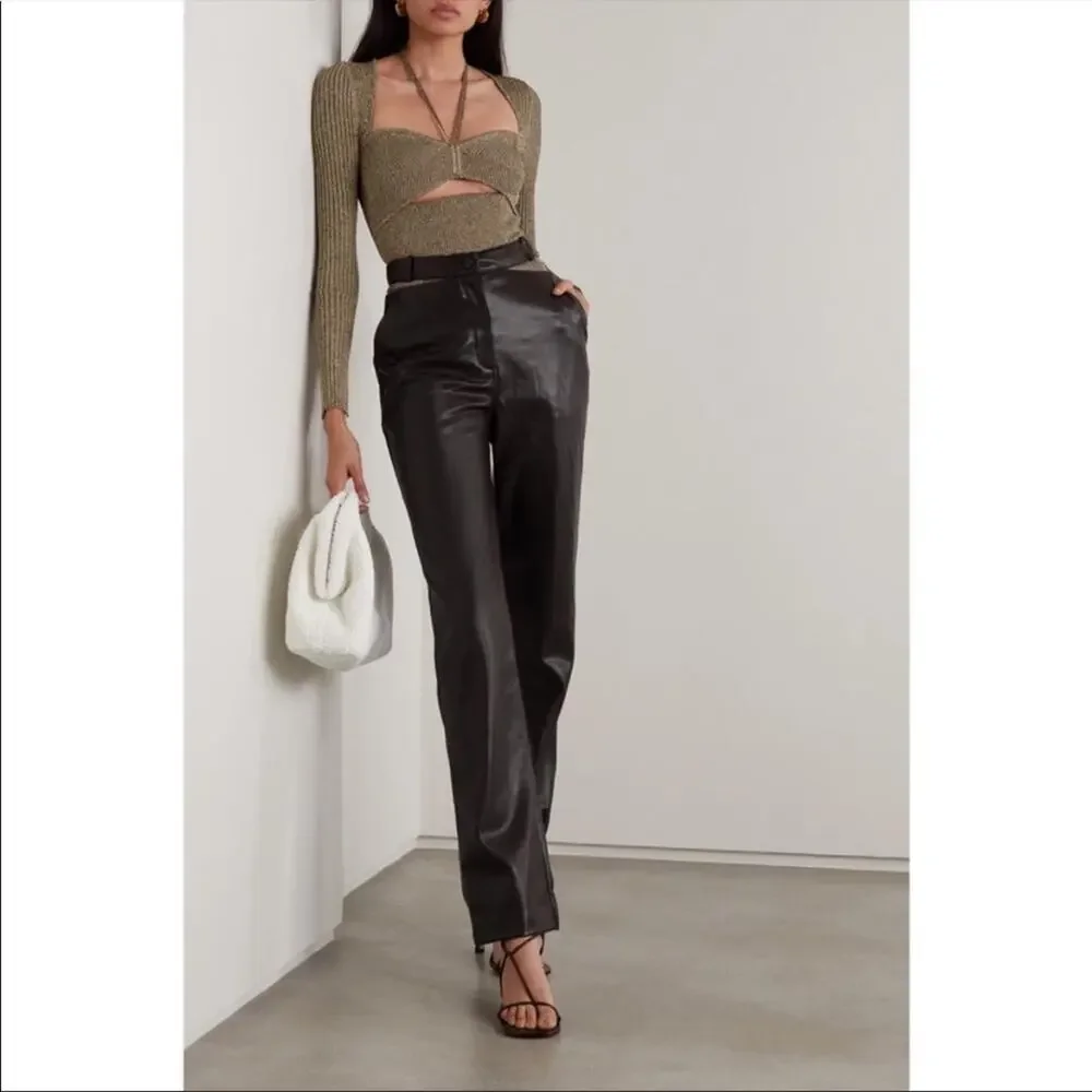 Jonathan Simkhai Amelia brown leather cutout high waist straight pants - Picture 1 of 14